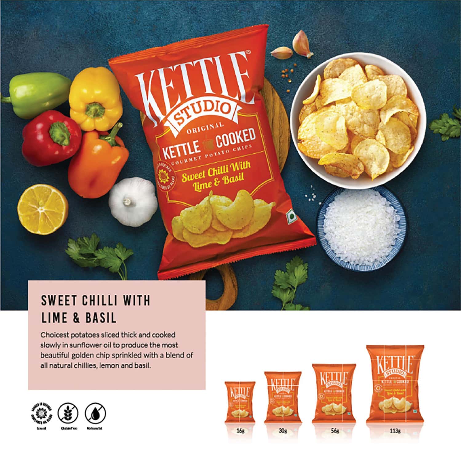 Buy KETTLE STUDIO POTATO CHIPS SWEET CHILLI WITH LIME & BASIL 113G