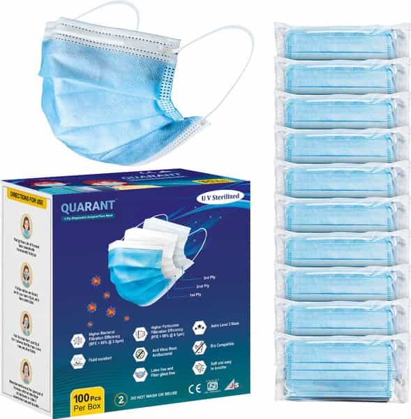 Quarant 3 Ply Disposable Surgical Face Mask With Adjustable Nose Pin Uv Sterilized - Pack Of 100