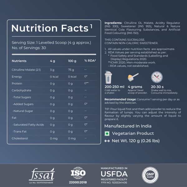 Nutrabay Gold Citrulline Malate 2:1 Supplement Powder - 120G | Cola Flavor