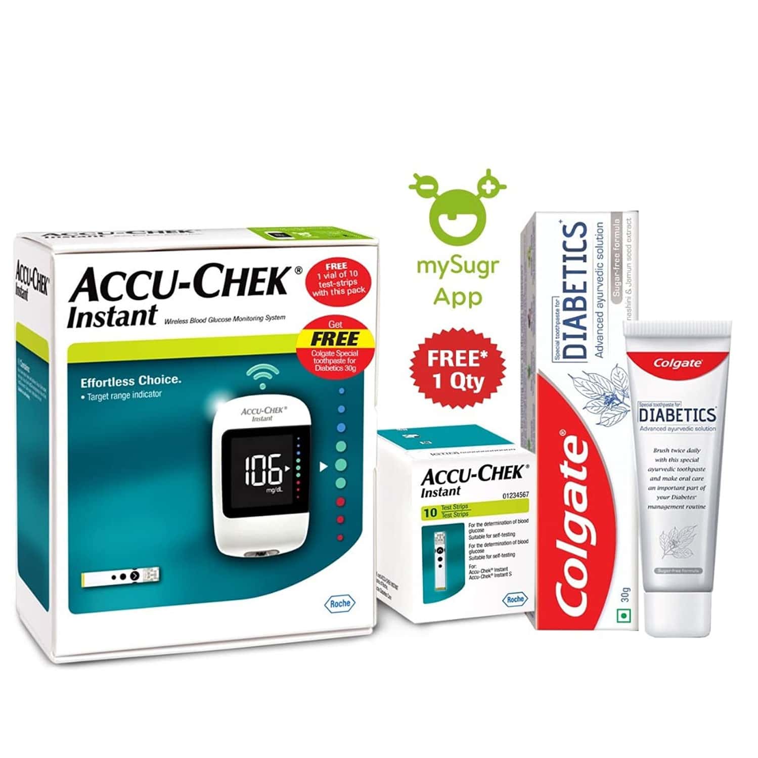 Accu-Chek Instant Glucometer With 10 Strips With Free 30 Gm Pack Of Colgate Diabetics Toothpaste