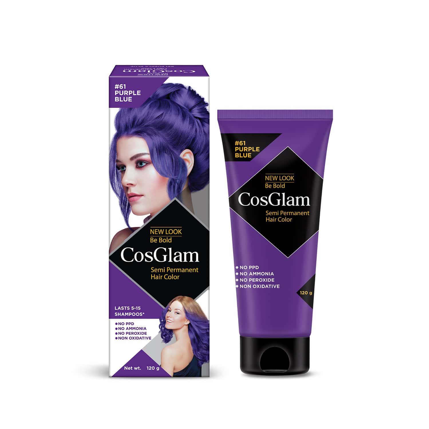 Cosglam Semi Permanent Hair Color | No Peroxide | Ammonia Free Hair Colour 61 Purple Blue - 120gm