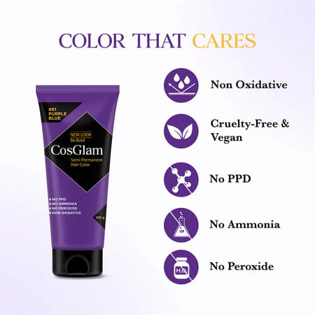 Cosglam Semi Permanent Hair Color | No Peroxide | Ammonia Free Hair Colour 61 Purple Blue - 120gm