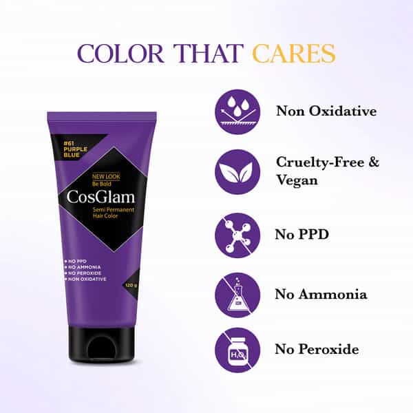 Cosglam Semi Permanent Hair Color | No Peroxide | Ammonia Free Hair Colour 61 Purple Blue - 120Gm