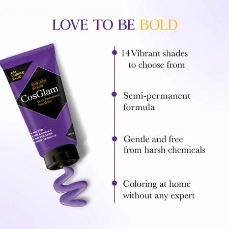 Cosglam Semi Permanent Hair Color | No Peroxide | Ammonia Free Hair Colour 61 Purple Blue - 120gm