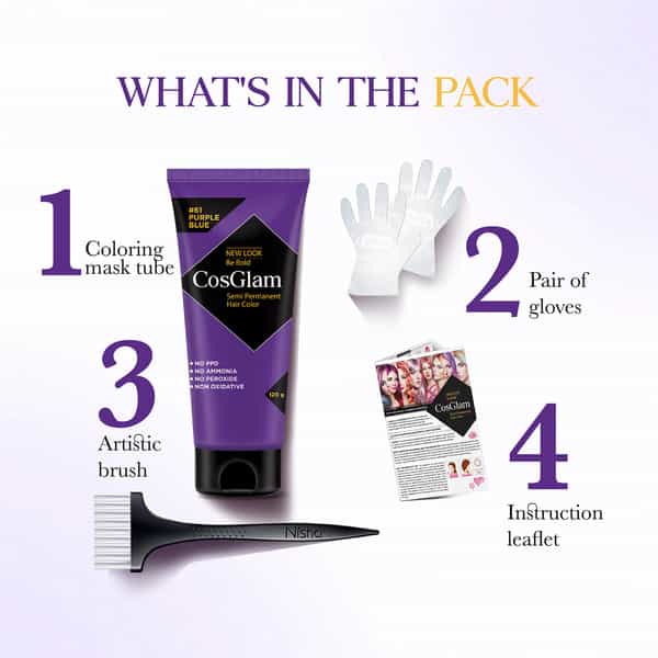 Cosglam Semi Permanent Hair Color | No Peroxide | Ammonia Free Hair Colour 61 Purple Blue - 120Gm