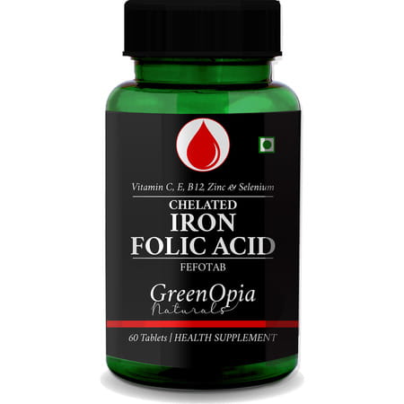 Greenopia Chelated Iron + Folic Acid With Vitamin C | B12 | Zinc & Selenium 60 Vegetarian Tablets