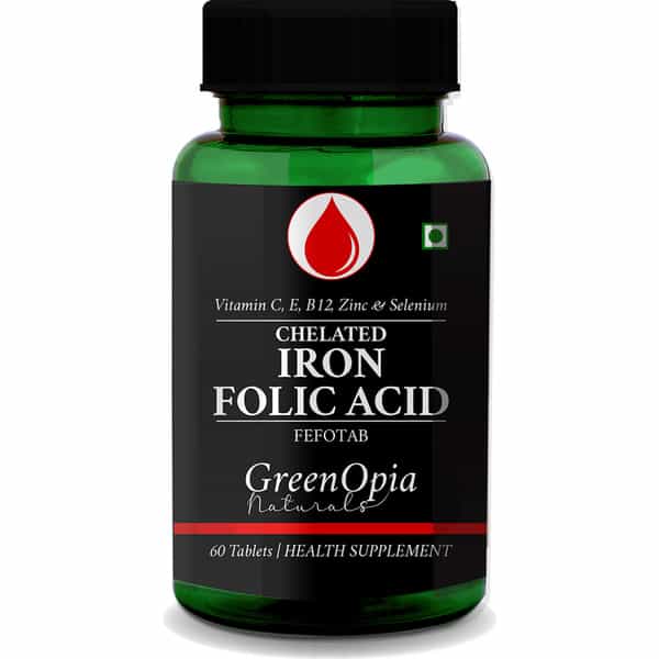 Greenopia Chelated Iron + Folic Acid With Vitamin C | B12 | Zinc & Selenium 60 Vegetarian Tablets
