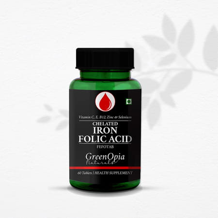 Greenopia Chelated Iron + Folic Acid With Vitamin C | B12 | Zinc & Selenium 60 Vegetarian Tablets