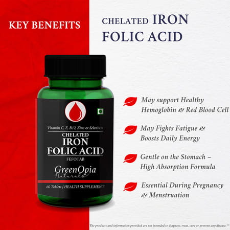 Greenopia Chelated Iron + Folic Acid With Vitamin C | B12 | Zinc & Selenium 60 Vegetarian Tablets