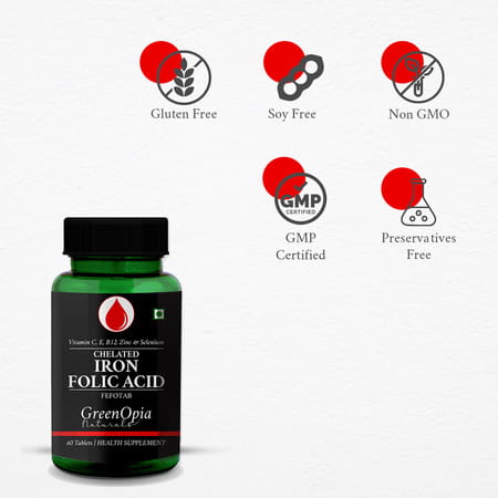 Greenopia Chelated Iron + Folic Acid With Vitamin C | B12 | Zinc & Selenium 60 Vegetarian Tablets