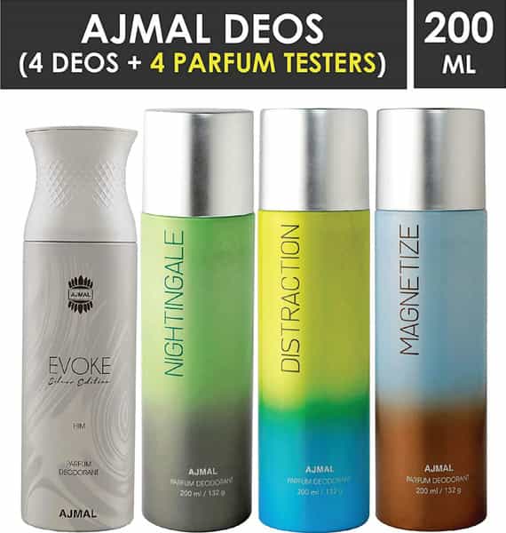 Ajmal 1 Evoke Silver For Men 1 Nightingale 1 Distraction 1 Magnetize Unisex Deodorant Combo Pack 4