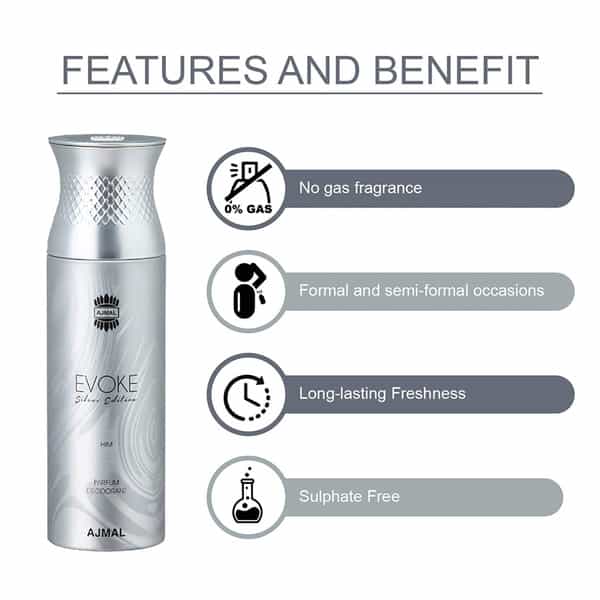 Ajmal 1 Evoke Silver For Men 1 Nightingale 1 Distraction 1 Magnetize Unisex Deodorant Combo Pack 4