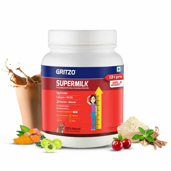 Gritzo Supermilk Height+ ( 13+Y Girls) 13G Protein (Double Chocolate - 1Kg) | Zero Refined Sugar
