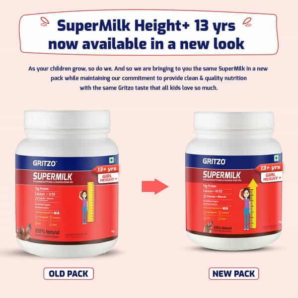 Gritzo Supermilk Height+ ( 13+Y Girls) 13G Protein (Double Chocolate - 1Kg) | Zero Refined Sugar