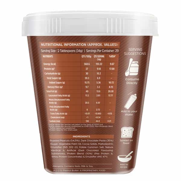 Muscleblaze Fit High Protein Peanut Butter | Crunchy (Dark Chocolate Spread | 1Kg) | 27G Protein