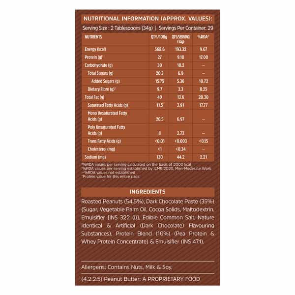 Muscleblaze Fit High Protein Peanut Butter | Crunchy (Dark Chocolate Spread | 1Kg) | 27G Protein