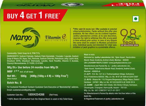 Margo 100% Original Neem Soap With Vitamin E 100 G (Buy 4 Get 1 Free)
