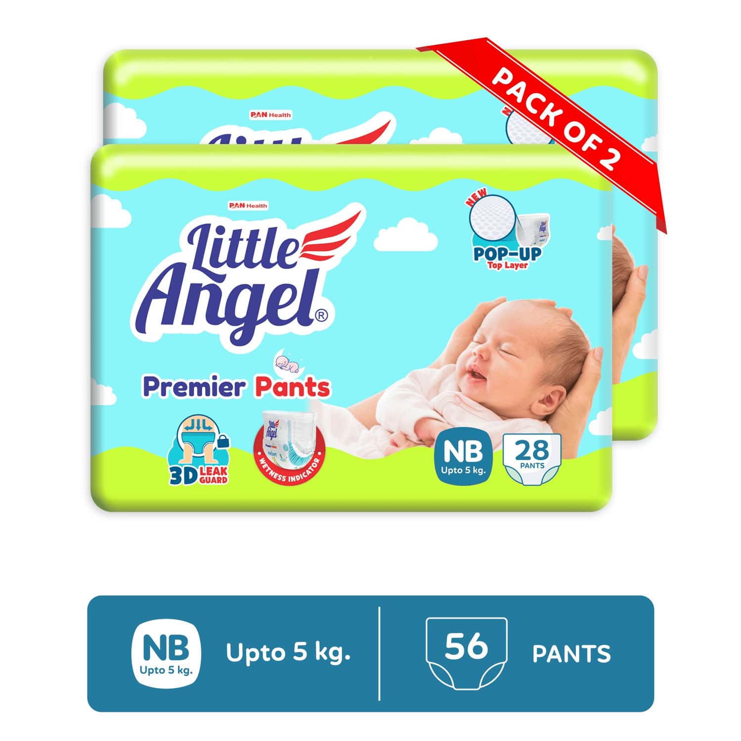 Little Angel Premier Pants Baby Diapers New Born (Nb) Size 56 Count Pack Of 2 28 Count/Pack 5 Kg