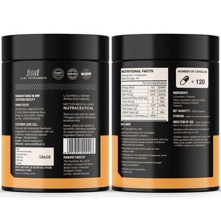 Myfitfuel L-Carnitine L-Tartrate (1500Mg) 120 Capsules| Fat Loss | Weight Management
