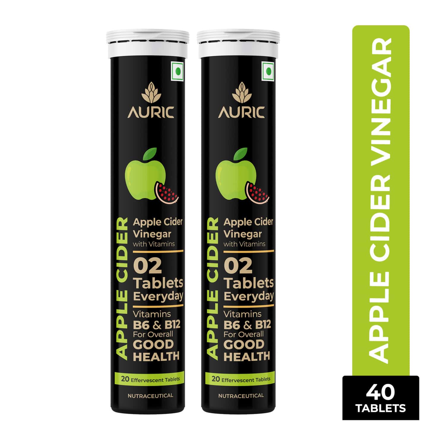 Auric Apple Cider Vinegar With Vitamins | 40 Acv Tablets With Vitamin B6 & B12 In Every Tube