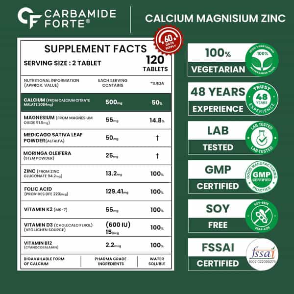 Carbamide Forte Calcium Magnesium Zinc + Vitamin D3 + K2 120 Tablets