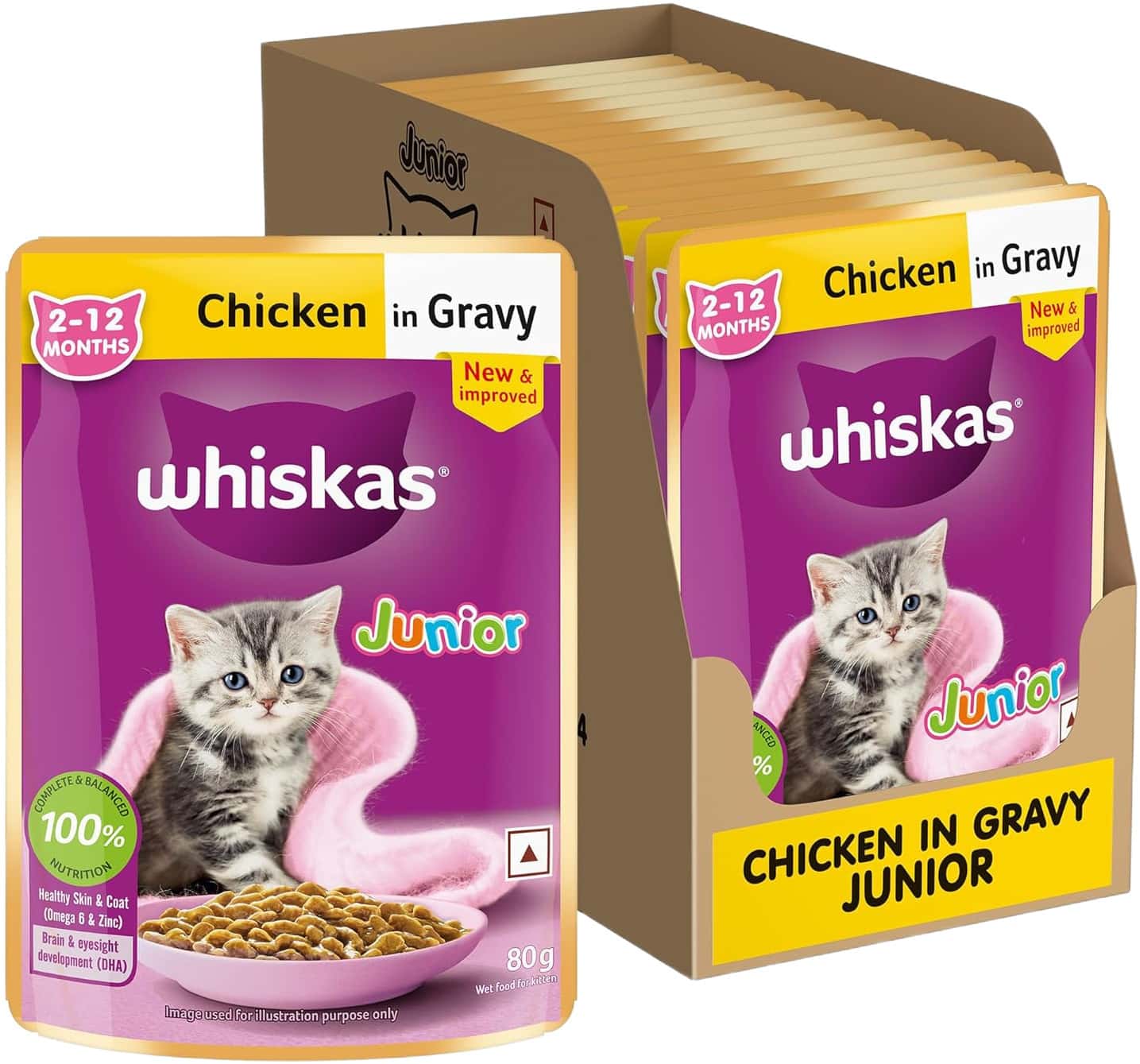 Whiskas Junior Kitten (2-12 Months) Wet Cat Food | Chicken In Gravy | 80 G (pack Of 14)
