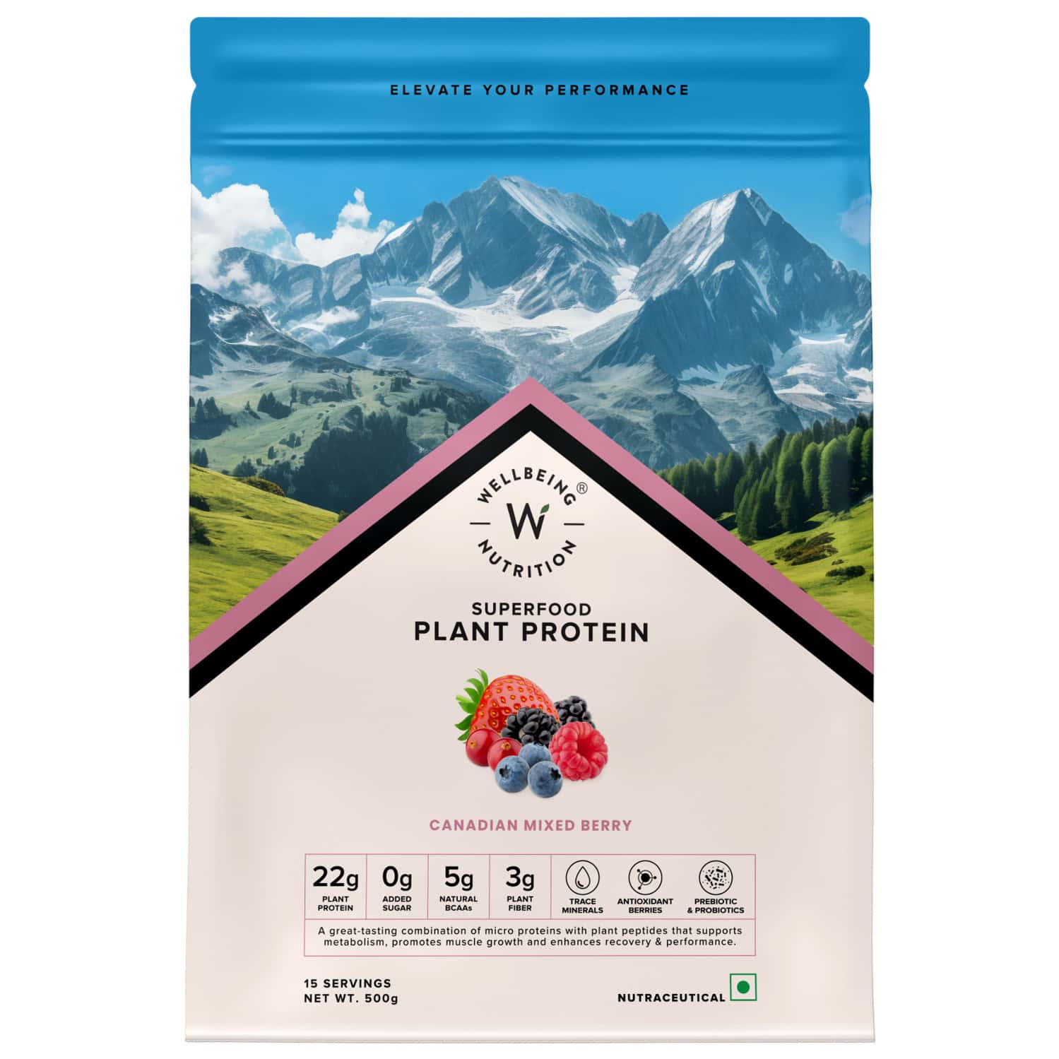 Wellbeing Nutrition Organic Vegan Plant Powder | 22g Protein | 5g Bcaa | Canadian Mixed Berry 500gm