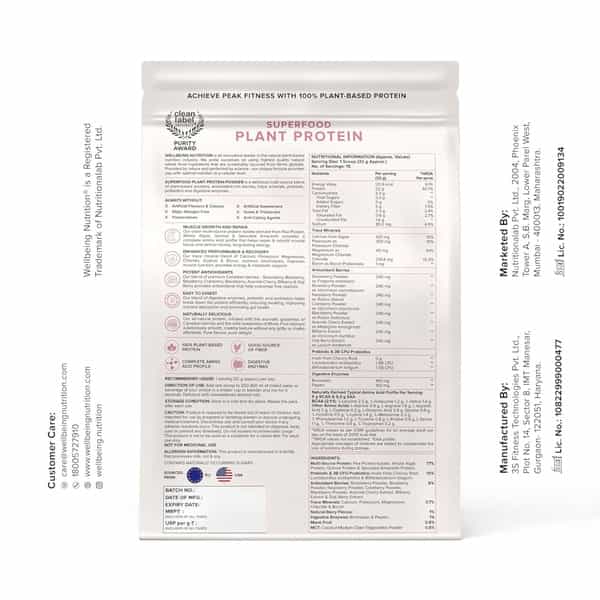 Wellbeing Nutrition Organic Vegan Plant Powder | 22G Protein | 5G Bcaa | Canadian Mixed Berry 500Gm