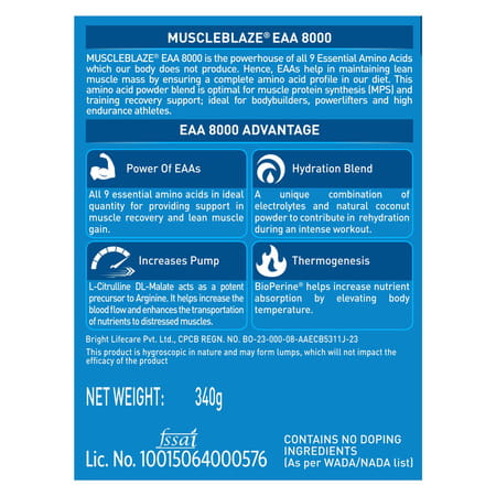 Muscleblaze Eaa 8000 Powder (Blue Cola | 340G | 25 Servings) | 8000Mg Eaas Blend