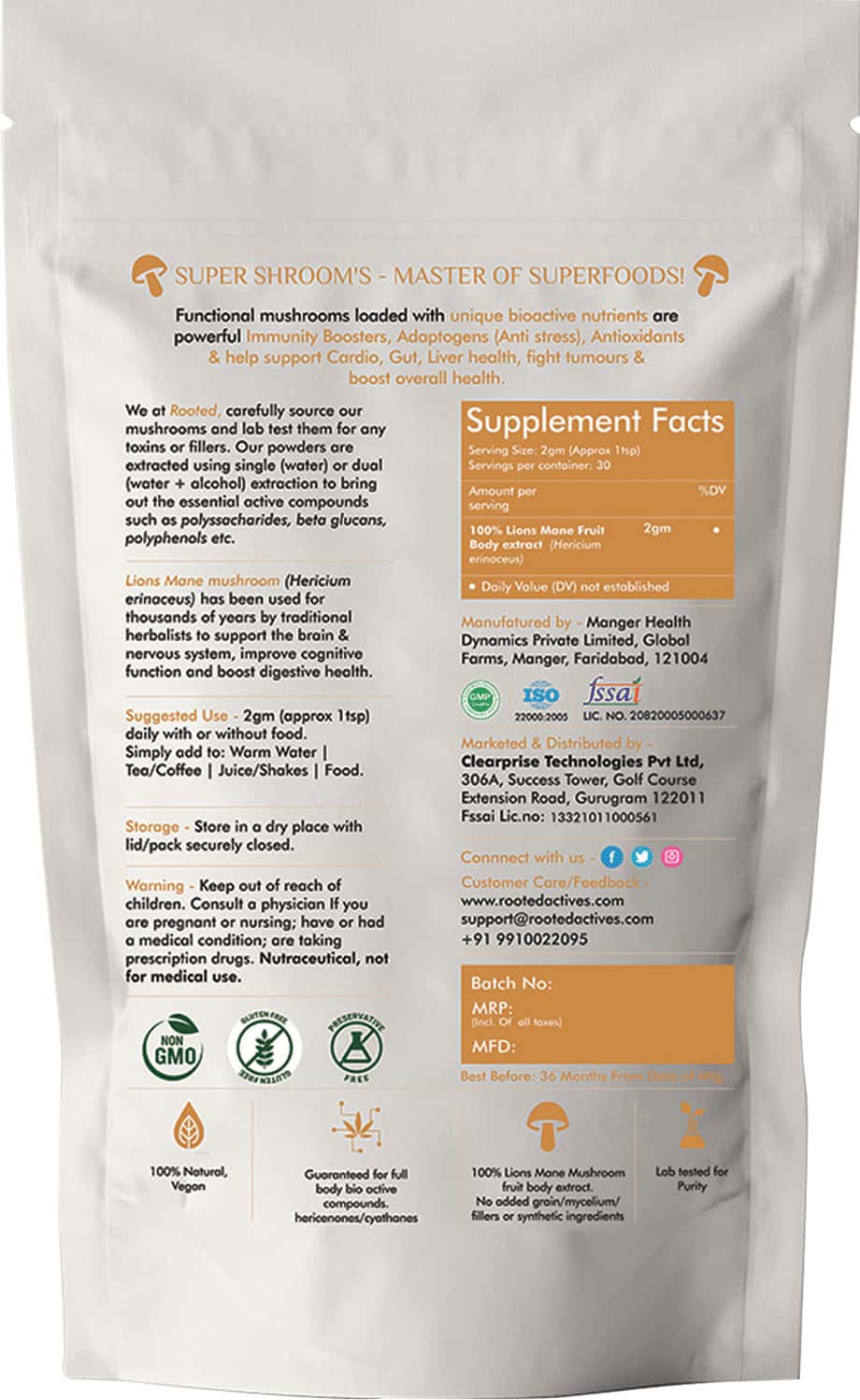 Buy ROOTED ACTIVES LION'S MANE MUSHROOM EXTRACT POWDER PURE FRUIT