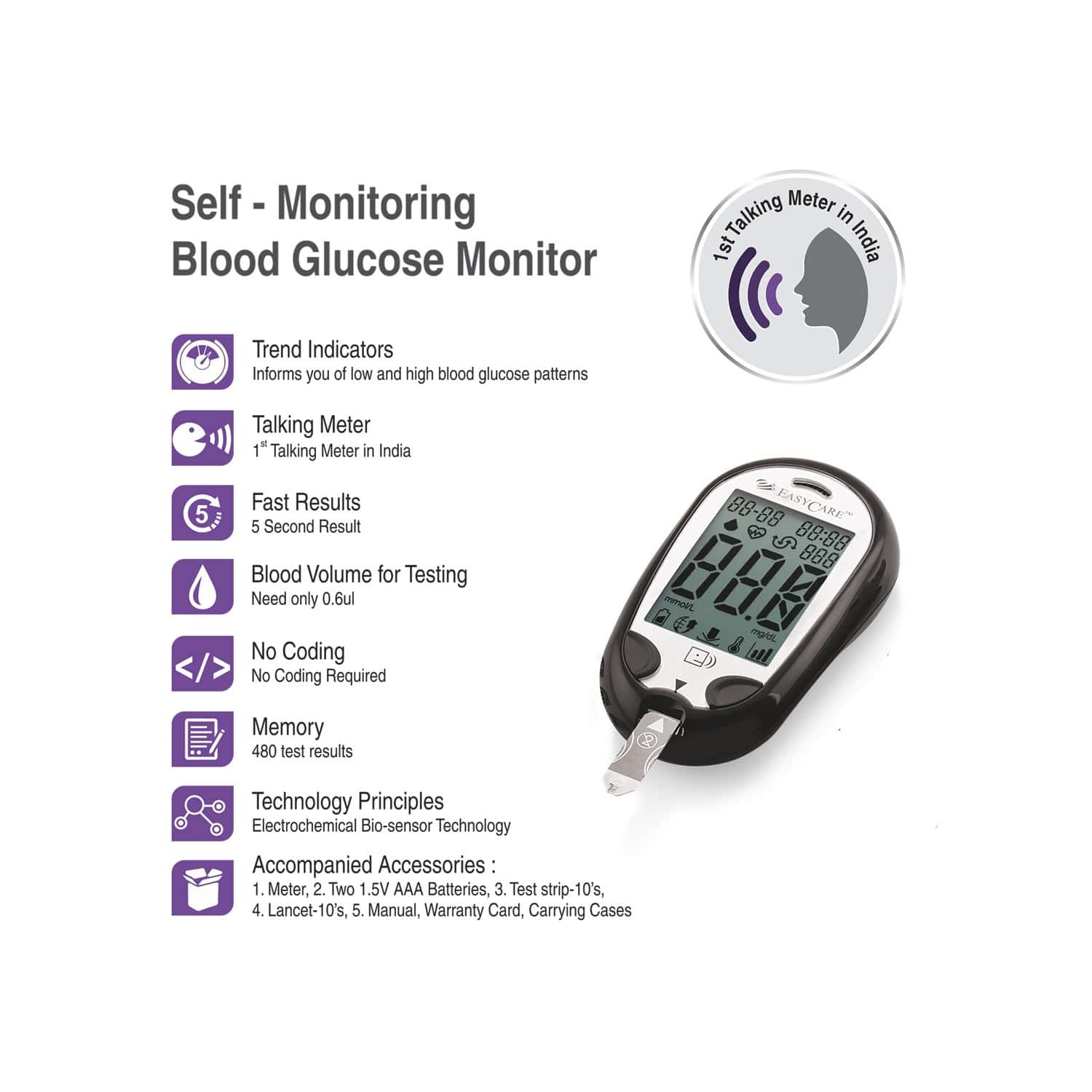 Buy EASYCARE BLOOD GLUCOSE MONITOR (1ST TALKING METER IN INDIA) KIT