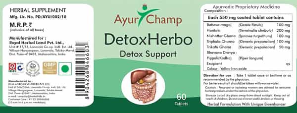Ayur Champ Detox Herbo | Detox Support | Herbal Supplement | 60 Tablets