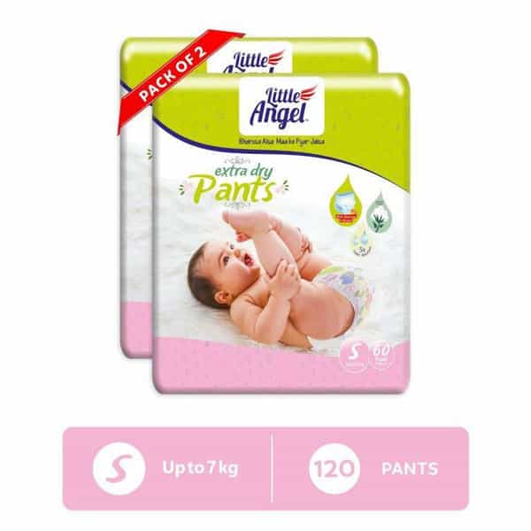 Little Angel Extra Dry Baby Pants Diaper, Small Size 120 Count, Pack Of 2, 60 Count/Pack, 7Kg Each