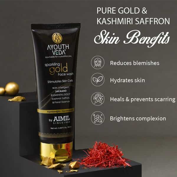 Ayouthveda Sparkling Gold Face Wash | 24K Gold & Saffron | Enhance Glow & Brighten Complexion 100 Ml