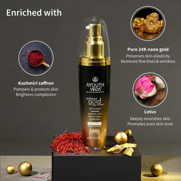 Ayouthveda Sparkling Gold Day Cream With 24K Nano Gold | Saffron & Lotus For Youthful Skin 50 Gm