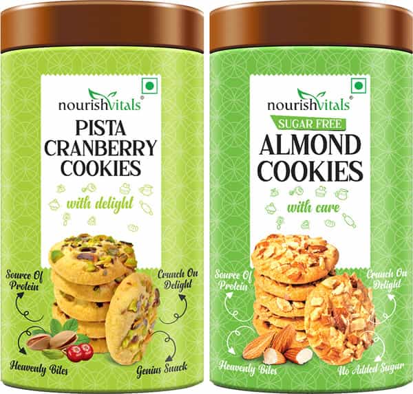 Nourishvitals Pista Cranberry Cookies + Almond Sugar Free Cookies Genius Snack 120G Each