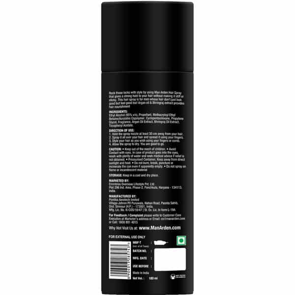 Man Arden Hair Spray - Strong Hold Styling With Nourishment - Argan Oil And Bhringraj 180 Ml