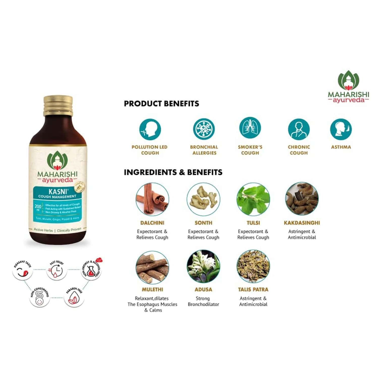 Buy MAHARISHI AYURVEDA KASNI COUGH SYRUP NONDROWSY NON HABIT FORMING NONALCOHOLIC (200