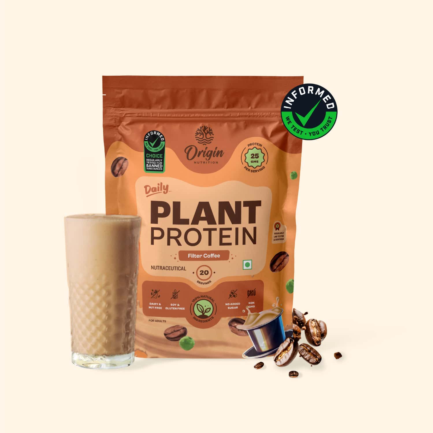 Origin Nutrition 100% Natural Plant Protein Powder 737g Coffee Caramel With 25g Plant Based Protein