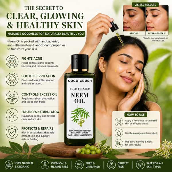 Coco Crush Neem Oil Cold-Pressed For Skin Care | Pimples & Scalp Treatment -50Ml