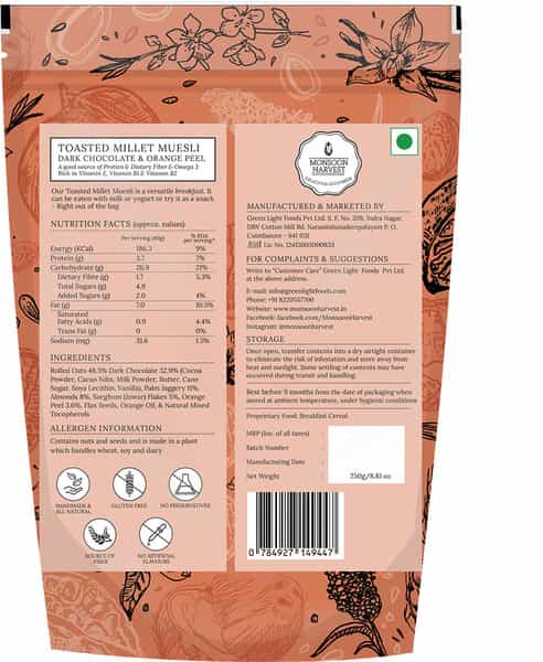 Monsoon Harvest Toasted Millet Muesli Dark Chocolate And Orange Peel 250G Pouch