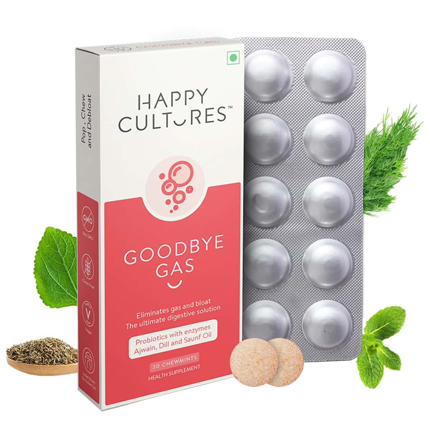 Velbiom Happy Cultures Goodbye Gas All Types Of Bloating-relief | 30 No Mint Capsules