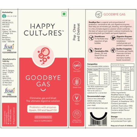 Velbiom Happy Cultures Goodbye Gas All Types Of Bloating-Relief | 30 No Mint Capsules