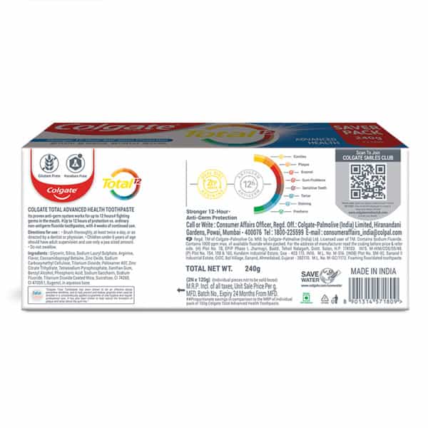 Colgate Total Whole Mouth Health Antibacterial Toothpaste 120Gm + 120Gm (Advanced Health)