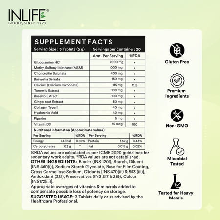 Inlife Glucosamine Tablets For Joints | Knee Bone Cartilage Supplement - 60 Tablets