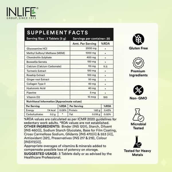 Inlife Glucosamine Chondroitin Msm Tablets For Joints | Knee Bone Cartilage Supplement - 60 Tablets