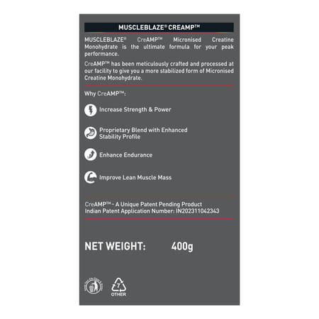 Muscleblaze Micronised Creatine Monohydrate Creamp Powder | Unflavoured (129 Servings | 400G)