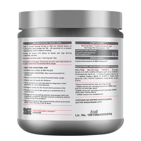 Muscleblaze Micronised Creatine Monohydrate Creamp Powder | Unflavoured (129 Servings | 400G)
