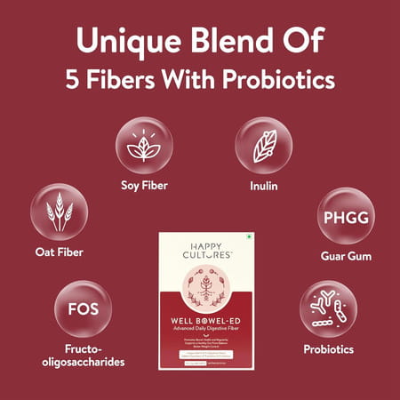 Velbiom Happy Cultures Well Bowel-Ed Unique Blend 5 Digestive Fiber Probiotics| Sachets (15 No)