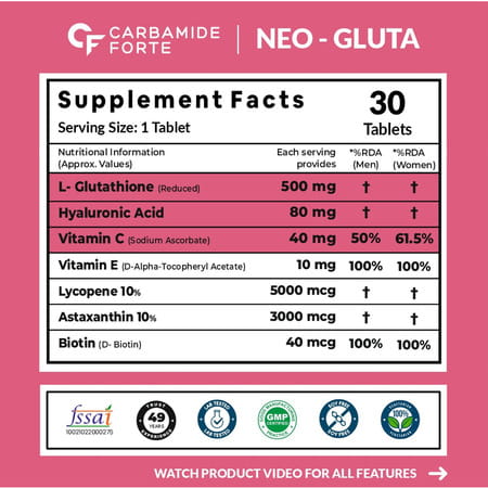 Carbamide Forte L Glutathione Reduced + Vitamin C+ Hyaluronic Acid & Vitamin E & Biotin 30 Tablets